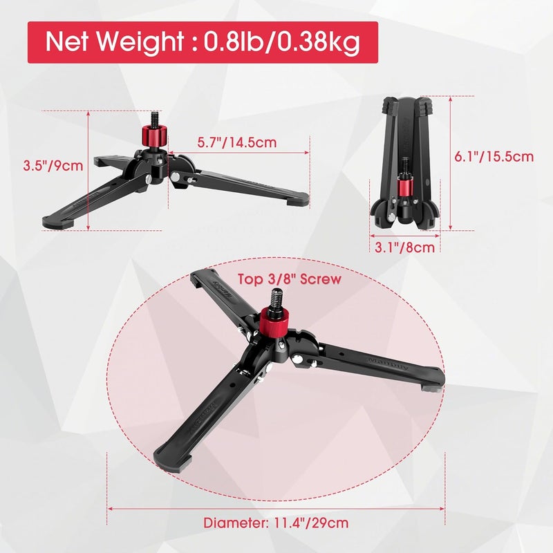 Manbily Mini Tripod Base for Monopods, 3/8" Screw Desktop Tripod with Three Feet, Monopod Stand Support, Travel for Ball Head/Fluid Head DSLR Camera Camcorder, Tilt 20° & Rotate 360° (Red) - Image 4